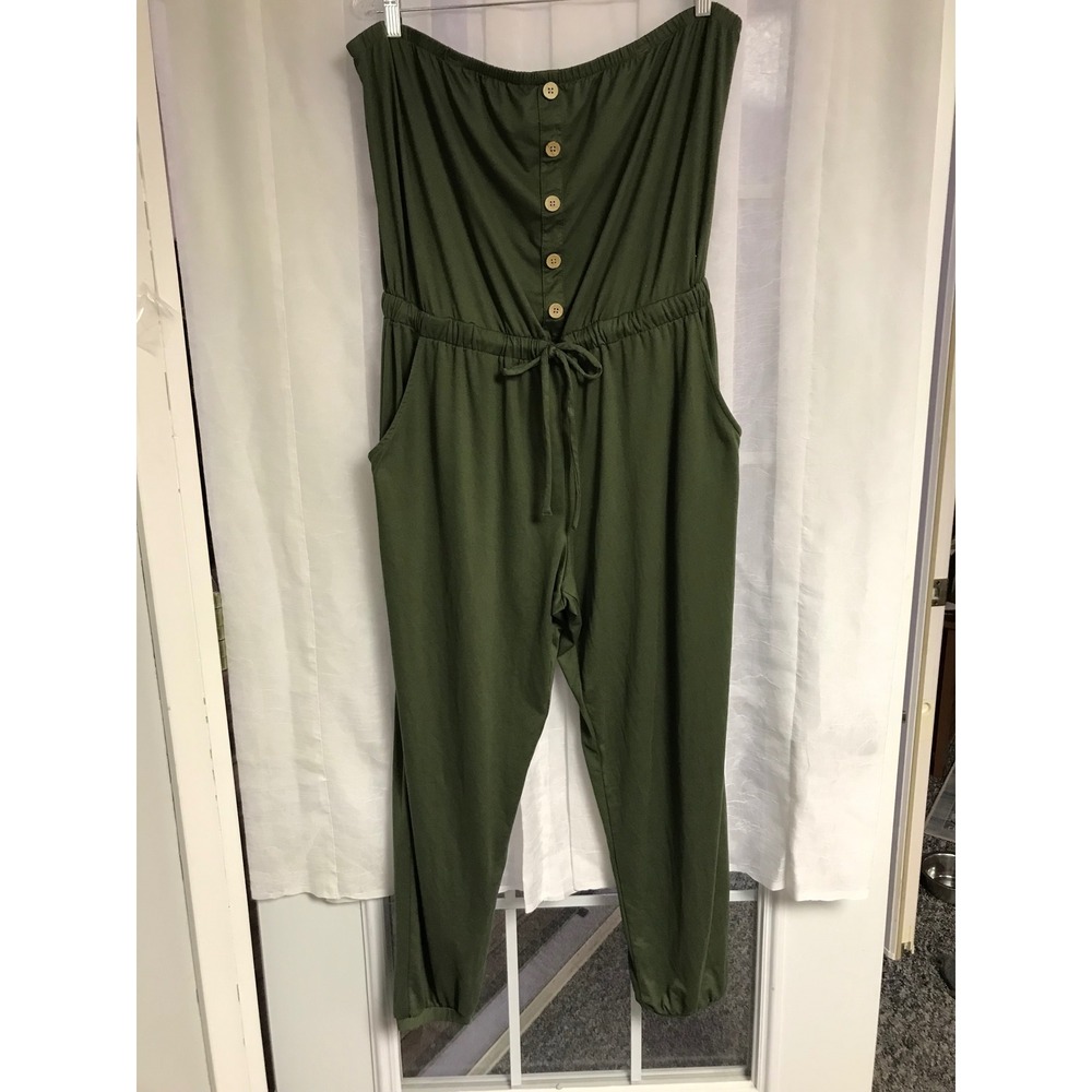 No Boundaries Womens XXL Olive Green Strapless Jogger Jumpsuit Button Pockets